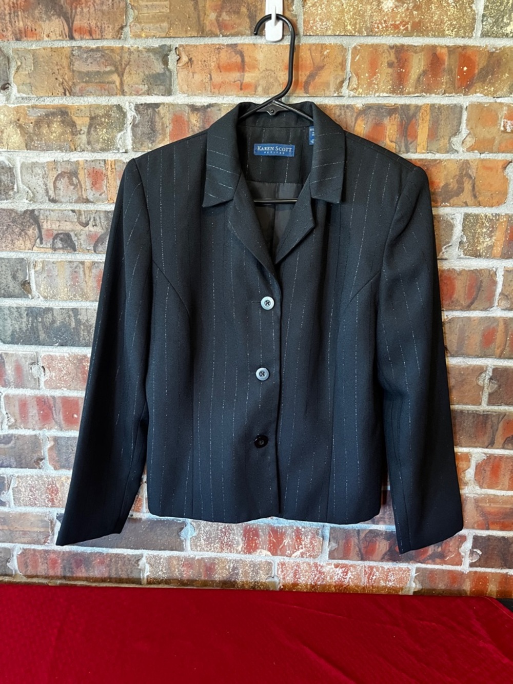 Karen Scott Petites Women’s Black Silver Pin-Stripe Button Up Blazer Size:10P